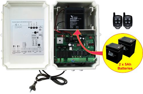 Control Box Kit Suitable for DC Powered Single & Double APC Gate Systems, Supplied with APC Control Box, 24V DC Control Board, Built in Transformer, 2 x 12V 5Ah Back-Up Batteries & 2 Remote Controls